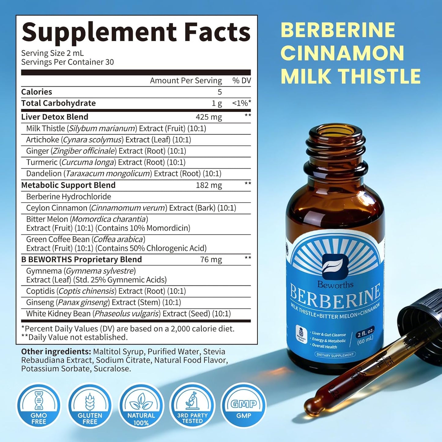 Berberine Liquid Drops with Turmeric Curcumin, Ceylon Cinnamon, Bitter Melon, Berberine Phytosome for Digestion System, Immune Health Support