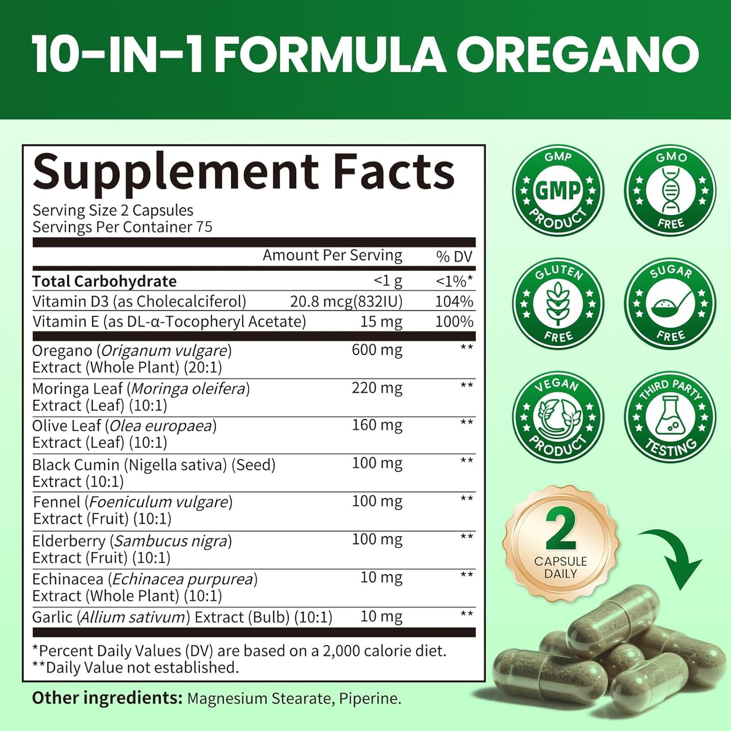 Oregano Oil Capsules with Black Seed Oil – 10-in-1 Herbal Complex with Moringa, Elderberry, Echinacea, Garlic & Fennel – Carvacrol & Thymol for Immune, Digestive & Antioxidant Support (75-Day Supply)