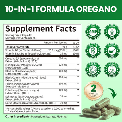 (2 Pack) Oregano Oil Capsules with Black Seed Oil – 10-in-1 Herbal Complex for Immune, Gut & Antioxidant Support – 300 Vegan Capsules Total