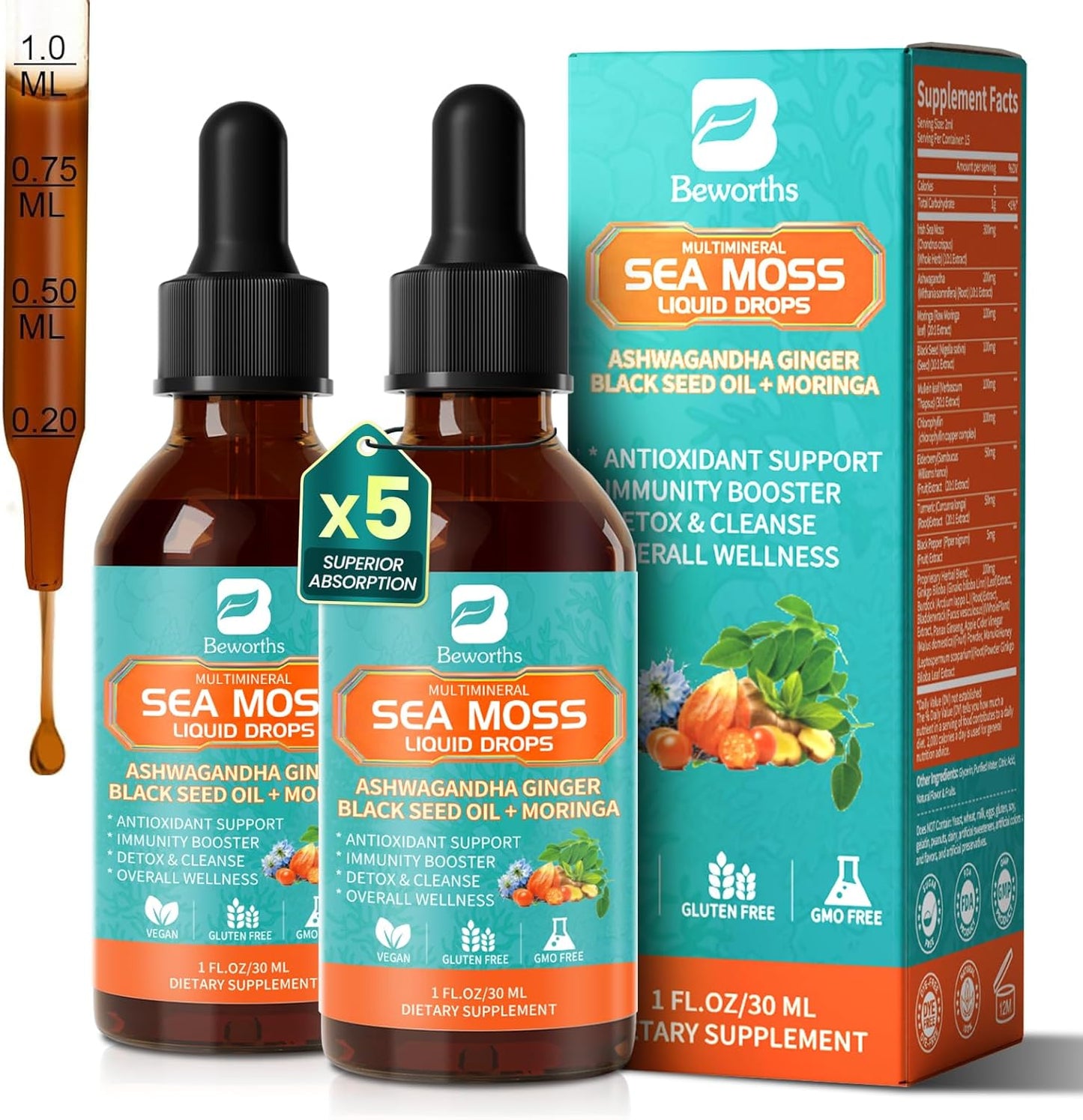 Sea Moss Drops - Irish Sea Moss Chlorophyll Liquid with Black Seed Oil, Ashwagandha, Moringa, Turmeric, Elderberry, Mullein, Seamoss Gel Supplement for Liver Cleanse, Detox & Gut, Immune Support-Vegan