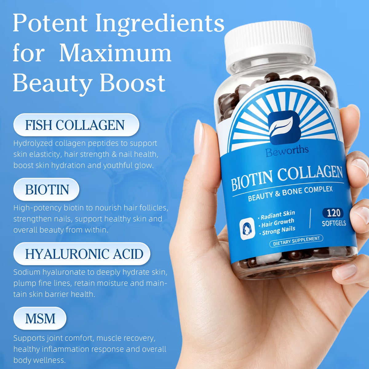 Biotin 5000 Mcg, w/Collagen,Helps Promote Skin, Hair and Nail Health, 120 Softgels(2 Pack)