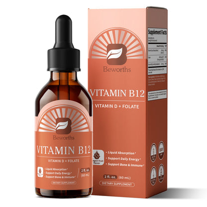 B BEWORTHS Extra Strength Vitamin B12 Sublingual Liquid Drops, with Vitamin D & Folate, for Energy & Immune Support, 2 fl oz