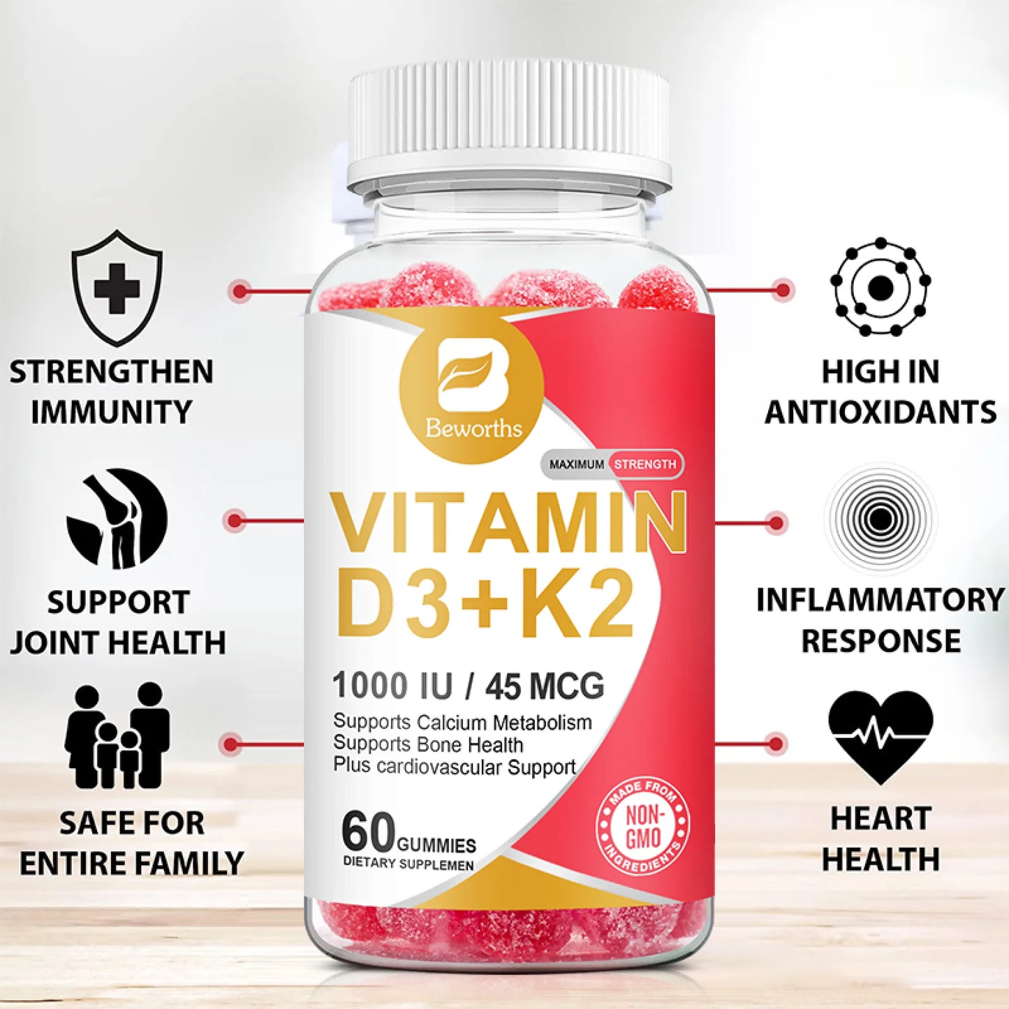 Beworths Vitamin D3 + K2 Gummies, 1000 IU D3 + 45 Mcg K2 for Bone & Muscle, 60 Gummies