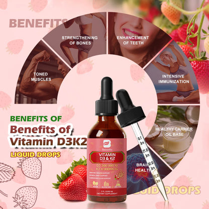 Vitamin D3 K2 Liquid Drops,10,000 IU D3 & 200Mcg K2 per Serving, Support Bone, Heart, Joint, 2 fl oz