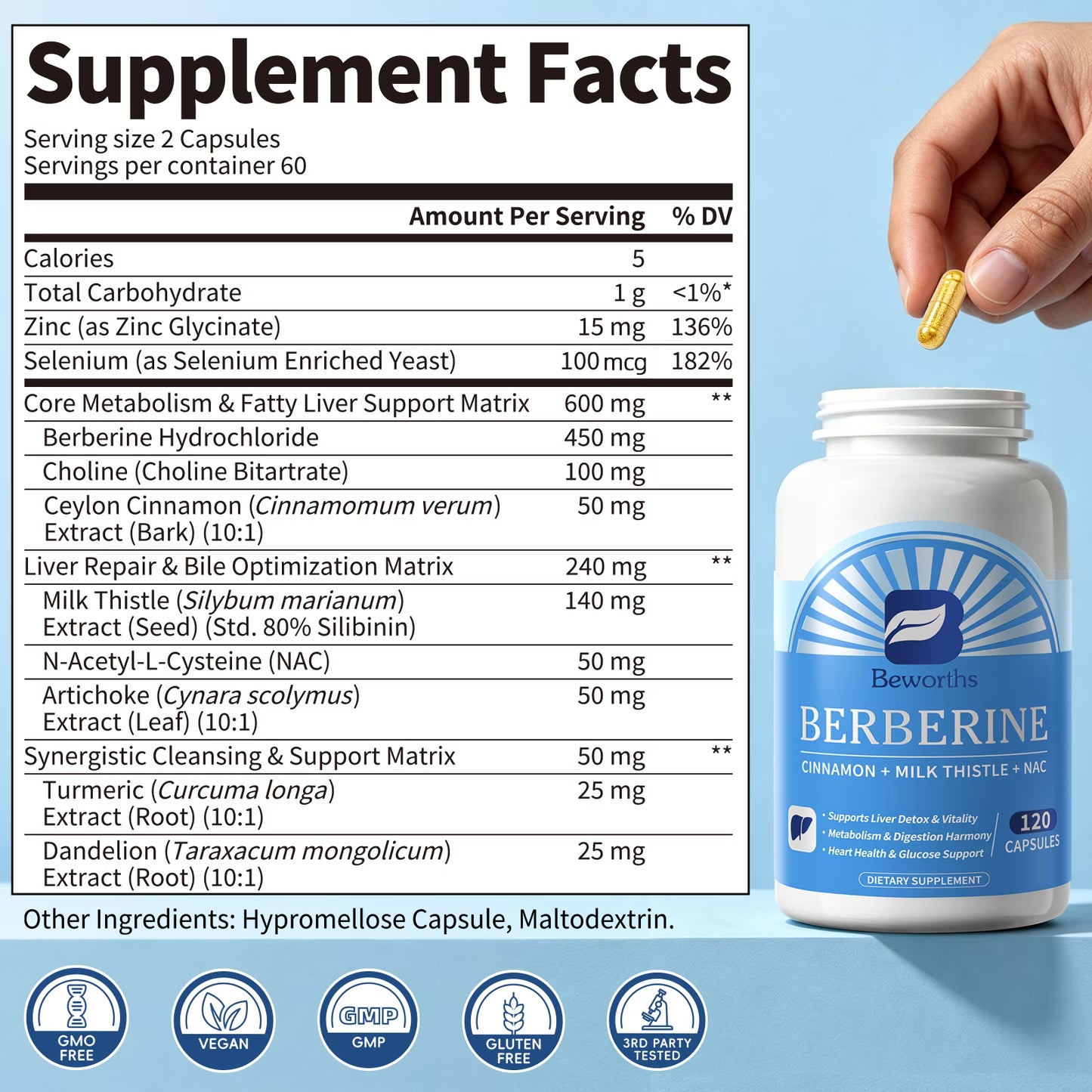Berberine 450mg with Ceylon Cinnamon, Milk Thistle & NAC - Metabolic & Liver Support Supplement - Digestive Balance - Non-GMO - 120 Capsules (60 Servings)