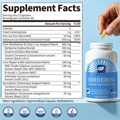 Berberine 450mg with Ceylon Cinnamon, Milk Thistle & NAC - Metabolic & Liver Support Supplement - Digestive Balance - Non-GMO - 120 Capsules (60 Servings)