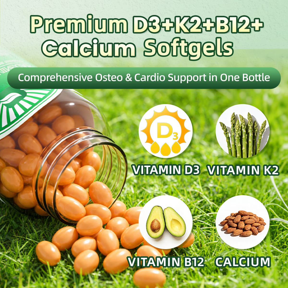 Beworths 4-in-1 Calcium 600Mg with Vitamin D3 K2 B12 Capsules for Bone Strength, Heart Health & Immune Support, 120 Capsules for Men and Women
