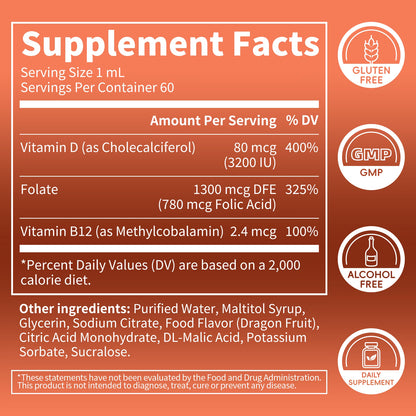 B BEWORTHS Extra Strength Vitamin B12 Sublingual Liquid Drops, with Vitamin D & Folate, for Energy & Immune Support, 2 fl oz