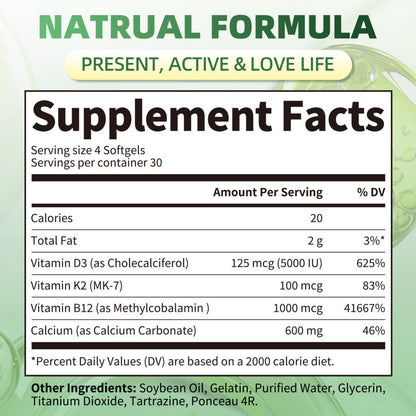 Beworths 4-in-1 Calcium 600Mg with Vitamin D3 K2 B12 Capsules for Bone Strength, Heart Health & Immune Support, 120 Capsules for Men and Women