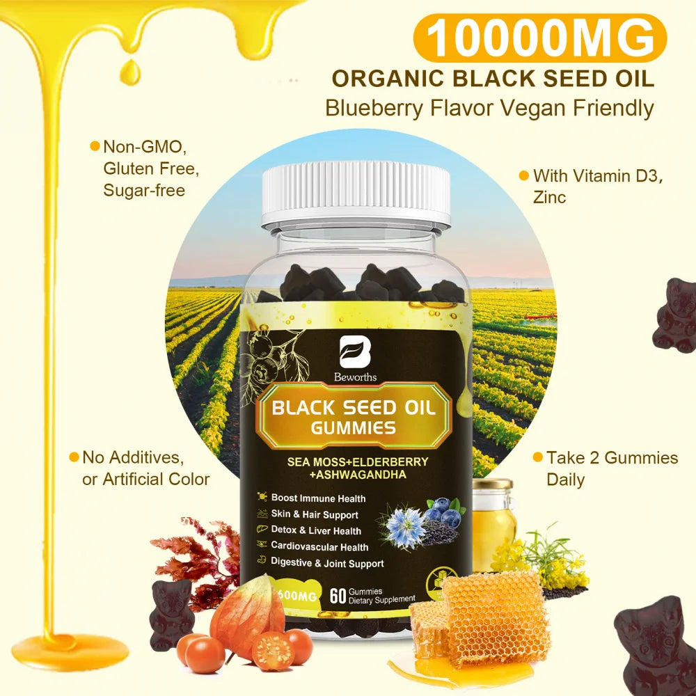Black Seed Oil Sea Moss Gummies with Ashwagandha, Burdock Root, Elderberry, Turmeric, Vitamin C, D3 & Zinc - Supports Immunity, Joints, Digestion, Hair & Skin, Vegan Gummies 120 Counts, 2 Pack