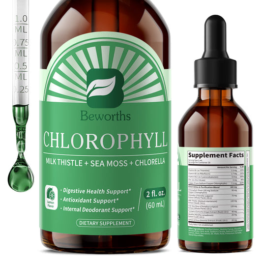 B Beworths Chlorophyll Liquid Drops with Milk Thistle, Sea Moss & Chlorella - Lemon Mint Flavor - 2 fl oz (60 mL), 30 Servings