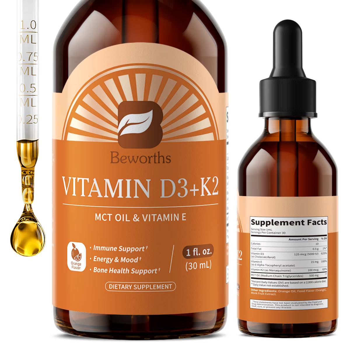 B Beworths Vitamin D3 K2 Drops with MCT Oil & Vitamin E - Orange Flavor Liquid Supplement for Immune & Bone Health Support - 1 fl oz (30 mL), 30 Servings