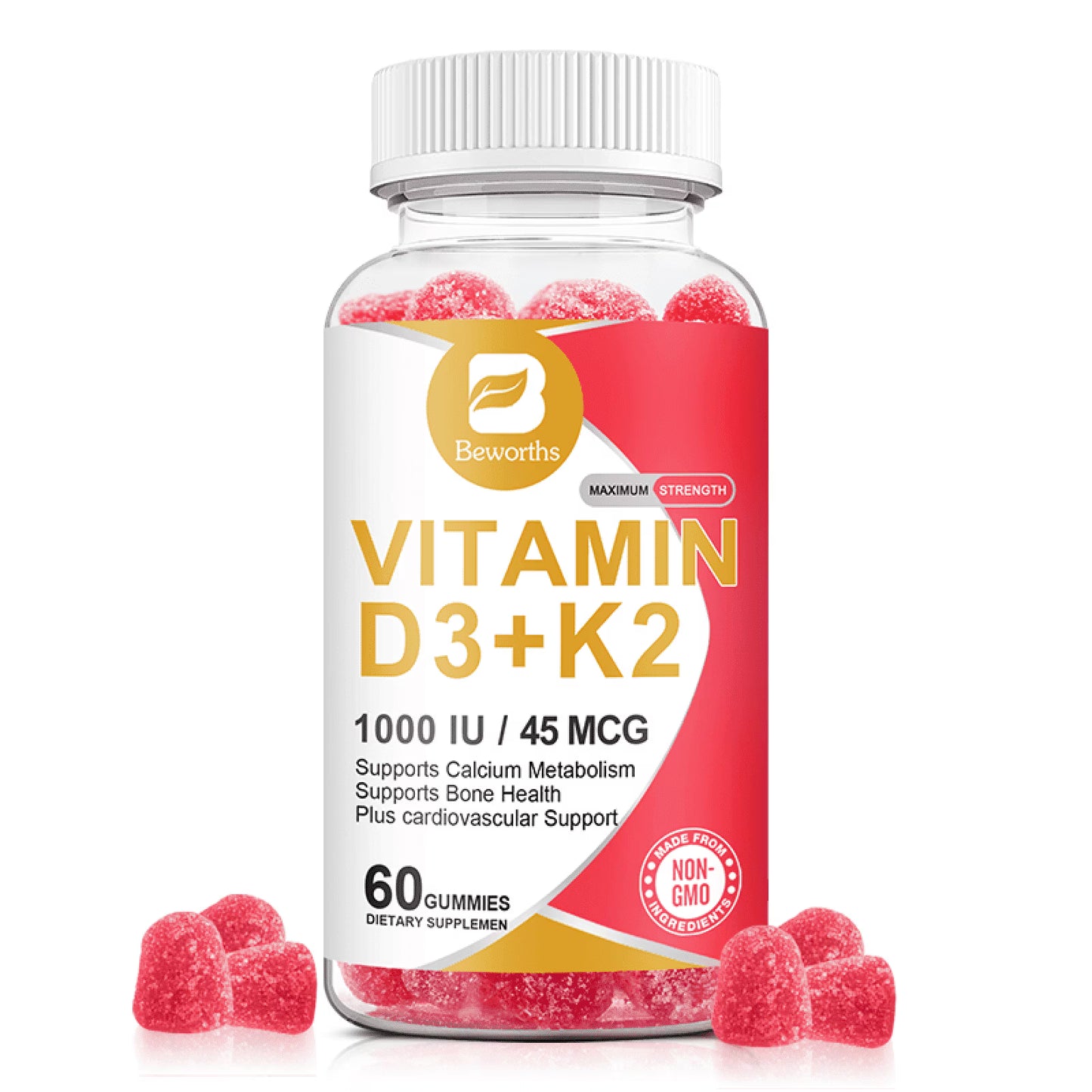 Beworths Vitamin D3 + K2 Gummies, 1000 IU D3 + 45 Mcg K2 for Bone & Muscle, 60 Gummies