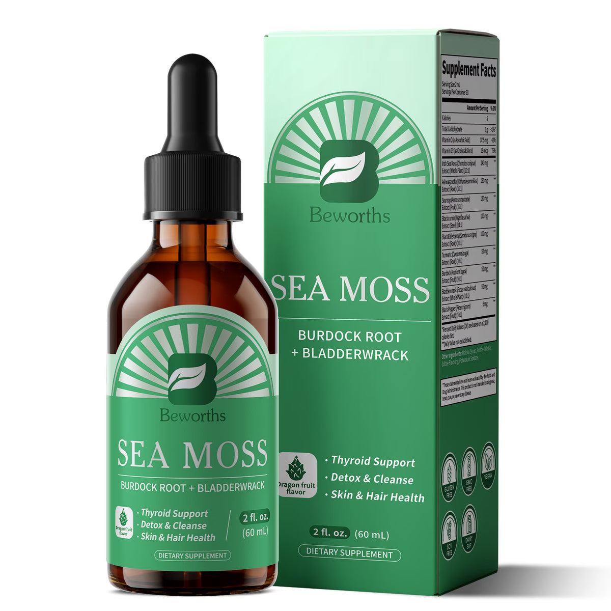 Irish Sea Moss Liquid Drops Supplement,with Soursop,Burdockroot,Bladderwrack,Ashwagandha,Turmeric,Black Cumin,Gut & Immune Support,60ML