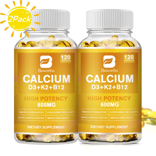 Beworths 4-in-1 Calcium 600Mg with Vitamin D3 K2 B12 Capsules for Bone Strength, Heart Health & Immune Support, 240 Capsules for Men and Women