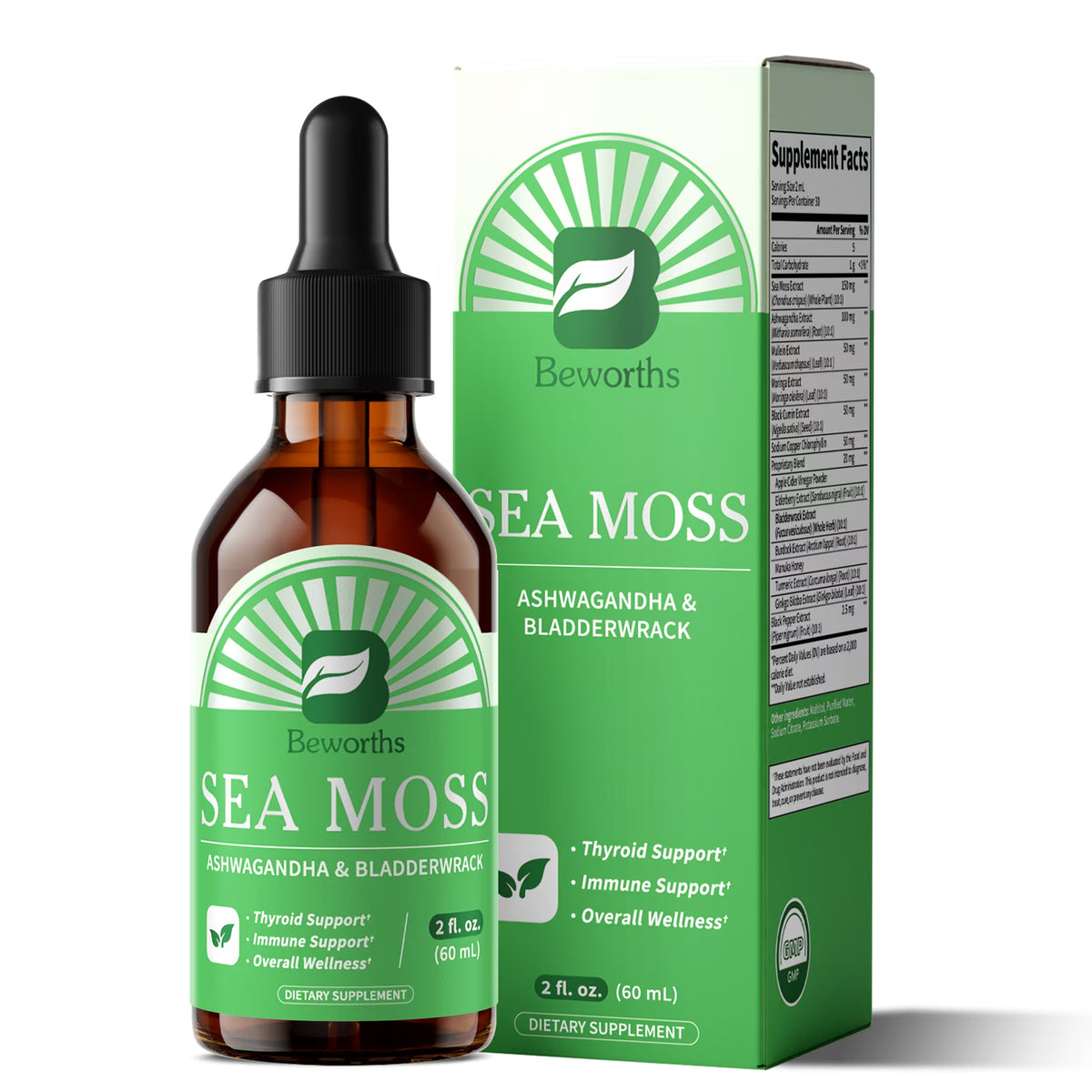 Beworths Organic Sea Moss Liquid Drops 10000mg - 5X Stronger than Gummy & Capsules - Joint, Digestion, Thyroid Immunity Essential Support - 60ml