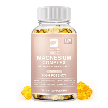 Beworths Triple Magnesium Complex Supplement, Supports Muscle, Sleep, Mood, Energy, 120 Capsules
