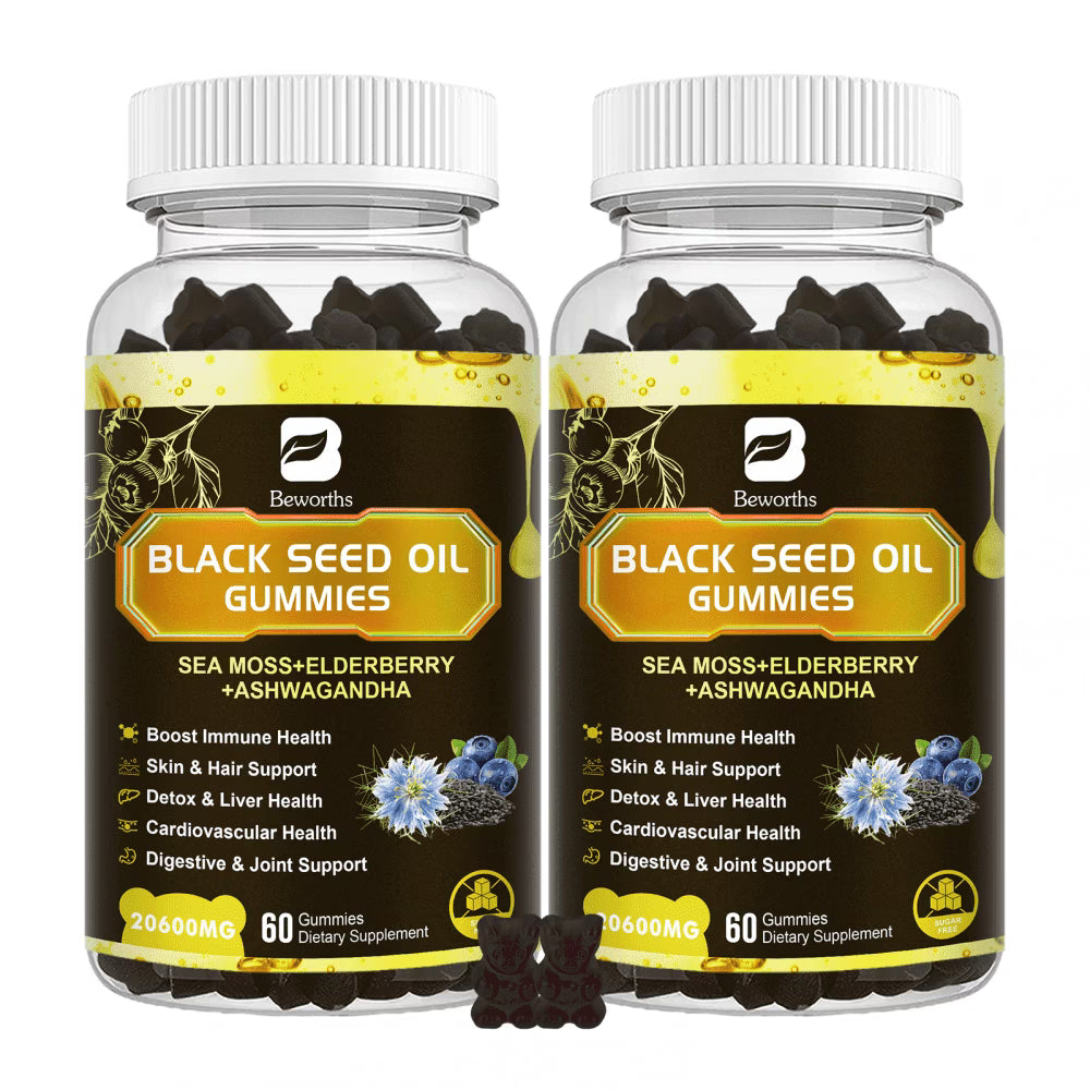 Black Seed Oil Sea Moss Gummies with Ashwagandha, Burdock Root, Elderberry, Turmeric, Vitamin C, D3 & Zinc - Supports Immunity, Joints, Digestion, Hair & Skin, Vegan Gummies 120 Counts, 2 Pack