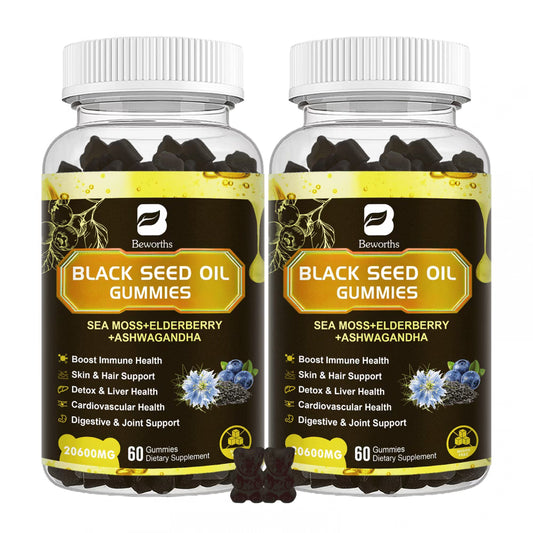 Black Seed Oil Sea Moss Gummies with Ashwagandha, Burdock Root, Elderberry, Turmeric, Vitamin C, D3 & Zinc - Supports Immunity, Joints, Digestion, Hair & Skin, Vegan Gummies 120 Counts, 2 Pack