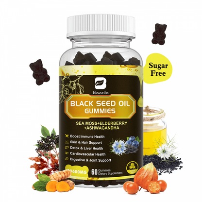 Black Seed Oil Sea Moss Gummies with Ashwagandha, Burdock Root, Elderberry, Turmeric, Vitamin C, D3 & Zinc - Supports Immunity, Joints, Digestion, Hair & Skin, Vegan Gummies 60 Counts