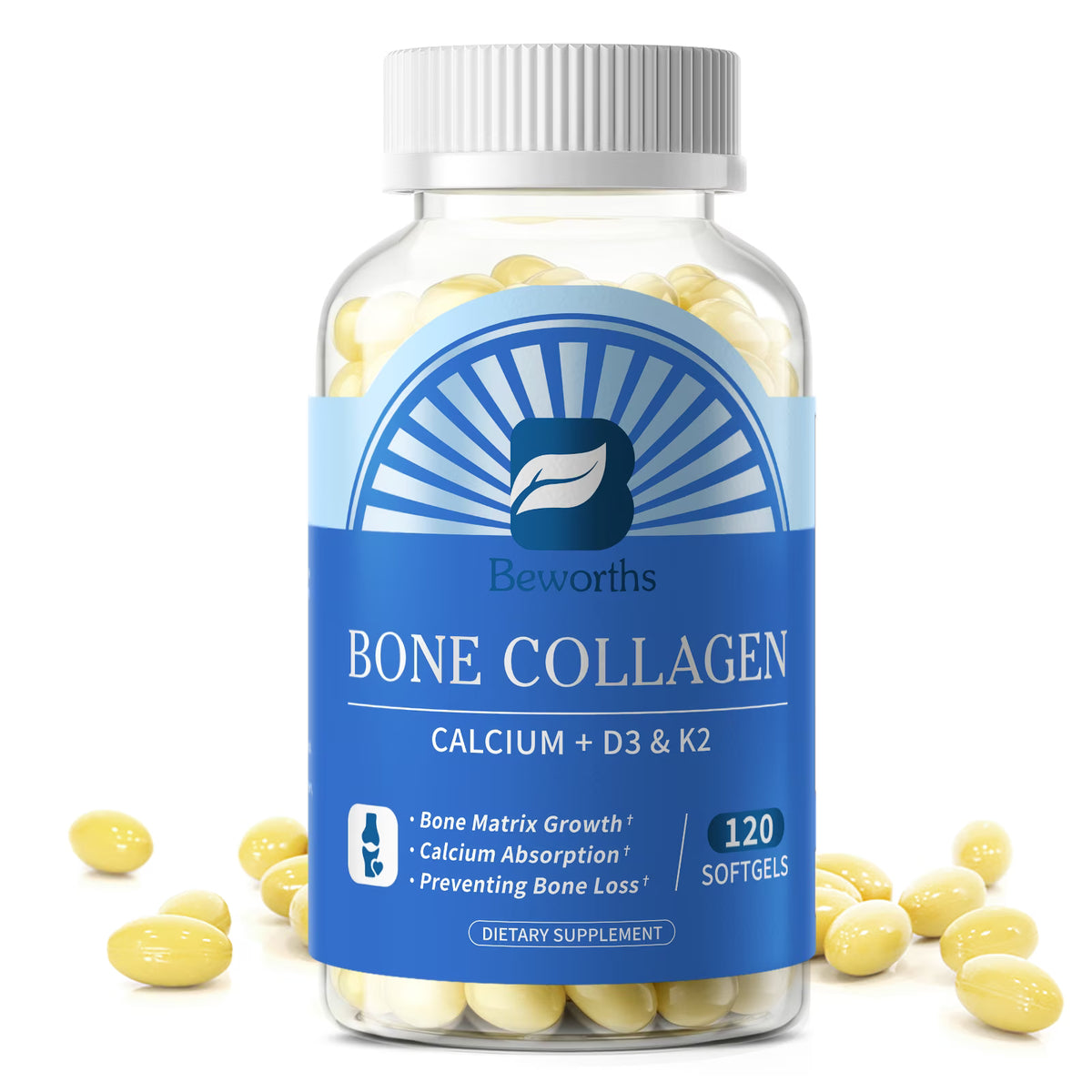 B Beworths Bone Collagen with K2 MK-7, Calcium & Vitamin D3 Softgels, Fish Collagen Peptides for Bone Health Support, Gluten Free, 120 Count