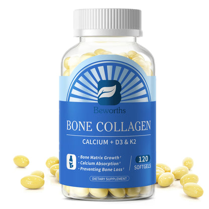 B Beworths Bone Collagen with K2 MK-7, Calcium & Vitamin D3 Softgels, Fish Collagen Peptides for Bone Health Support, Gluten Free, 120 Count