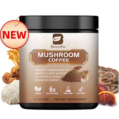 Mushroom Coffee - Organic Instant Coffee Mix with Reishi, Cordyceps, Chaga & Turkey Tail Mushrooms - Mushroom Coffee Powder for Energy & Focus, 70g/2.5oz
