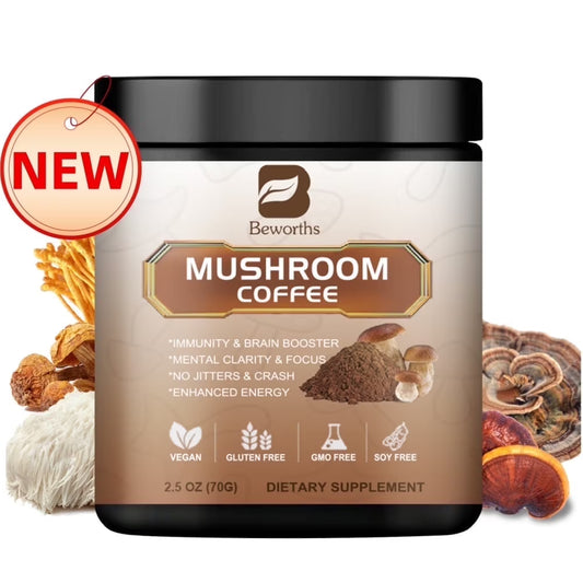 Mushroom Coffee - Organic Instant Coffee Mix with Reishi, Cordyceps, Chaga & Turkey Tail Mushrooms - Mushroom Coffee Powder for Energy & Focus, 70g/2.5oz