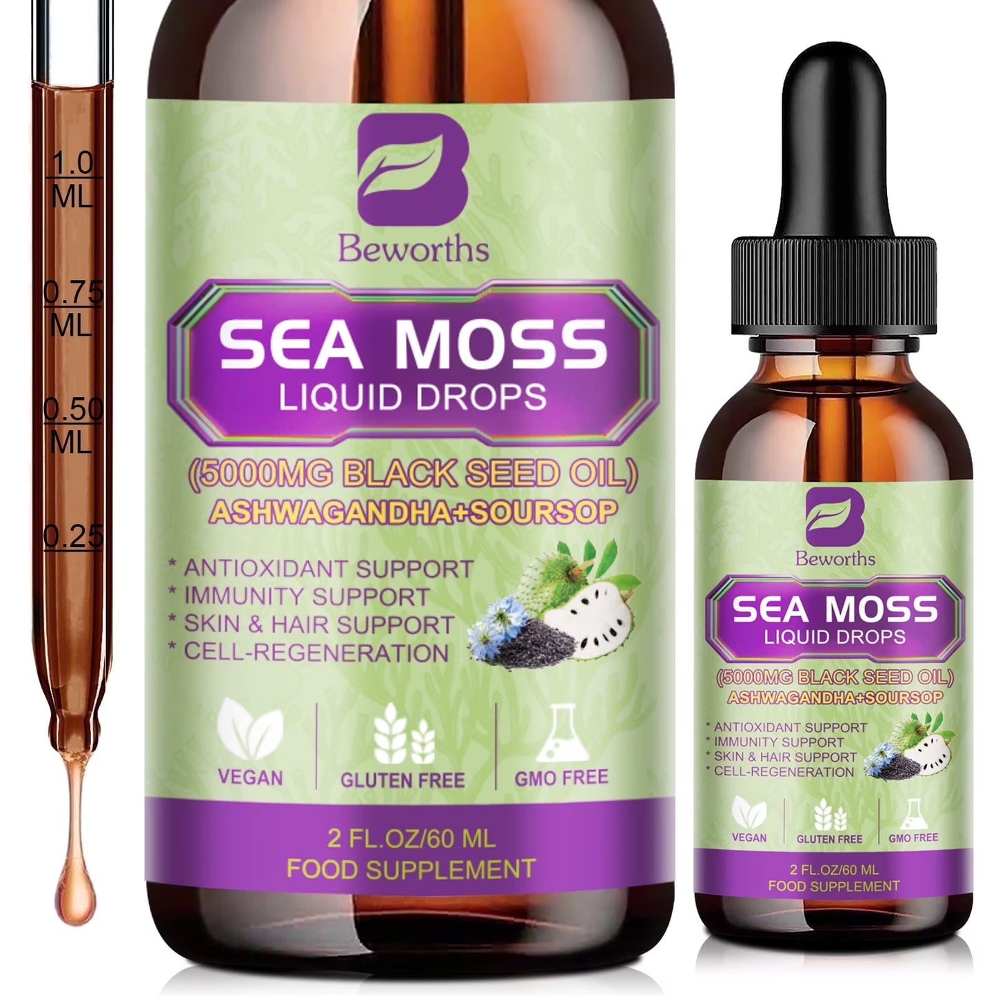 Sea Moss Liquid Drops - Irish Sea Moss Black Seed Oil with Ashwagandha, Soursop Bitters, Elderberry, Burdock Root, Bladderwrack,Support Antioxidant, Immune, Gut Health