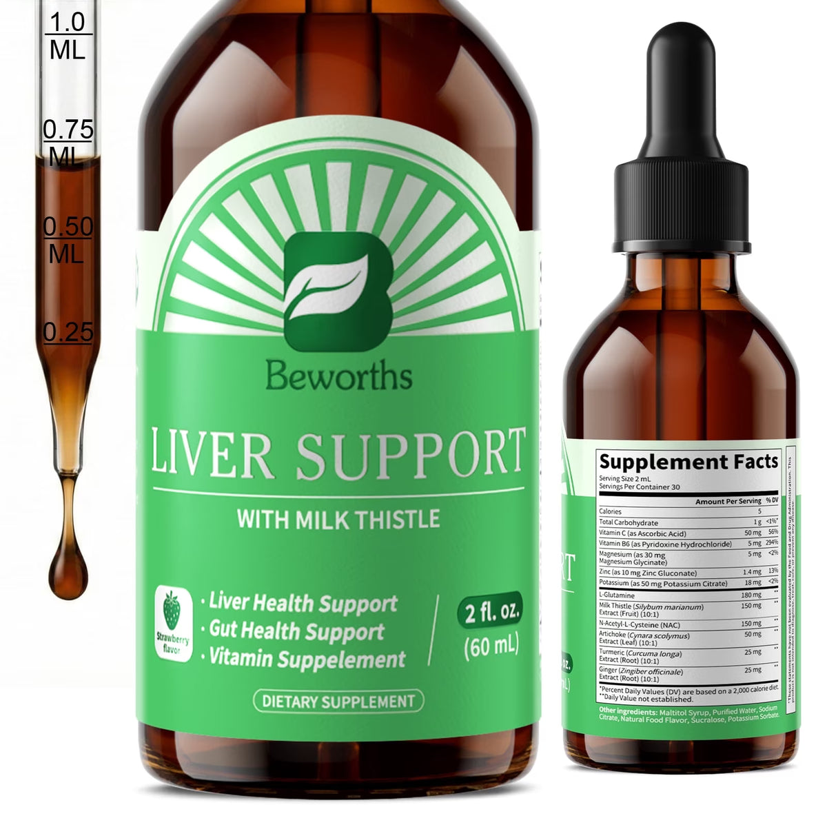 Strawberry Liver Support Liquid Drops with Milk Thistle & NAC - Gut Health & Vitamin Supplement - 2 fl. oz