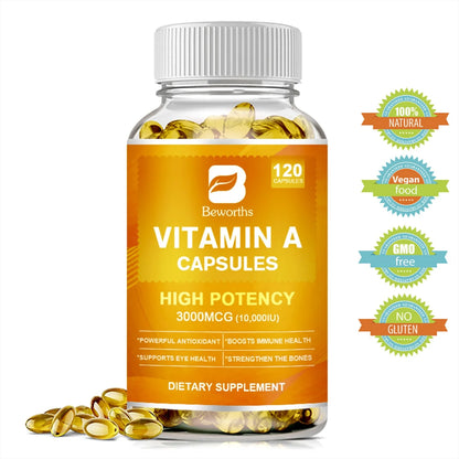 Vitamin A Softgels 10,000 IU Vitamin A Supplement, Promotes Immune, Bone, Skin, and Eye Health, 10000 IU (3000mcg) 120 Capsules, Vegan Dietary Supplements by BEWORTHS