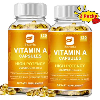 Vitamin A Softgels 10,000 IU Vitamin A Supplement, Promotes Immune, Bone, Skin, and Eye Health, 10000 IU (3000mcg) 120 Capsules, Vegan Dietary Supplements by BEWORTHS