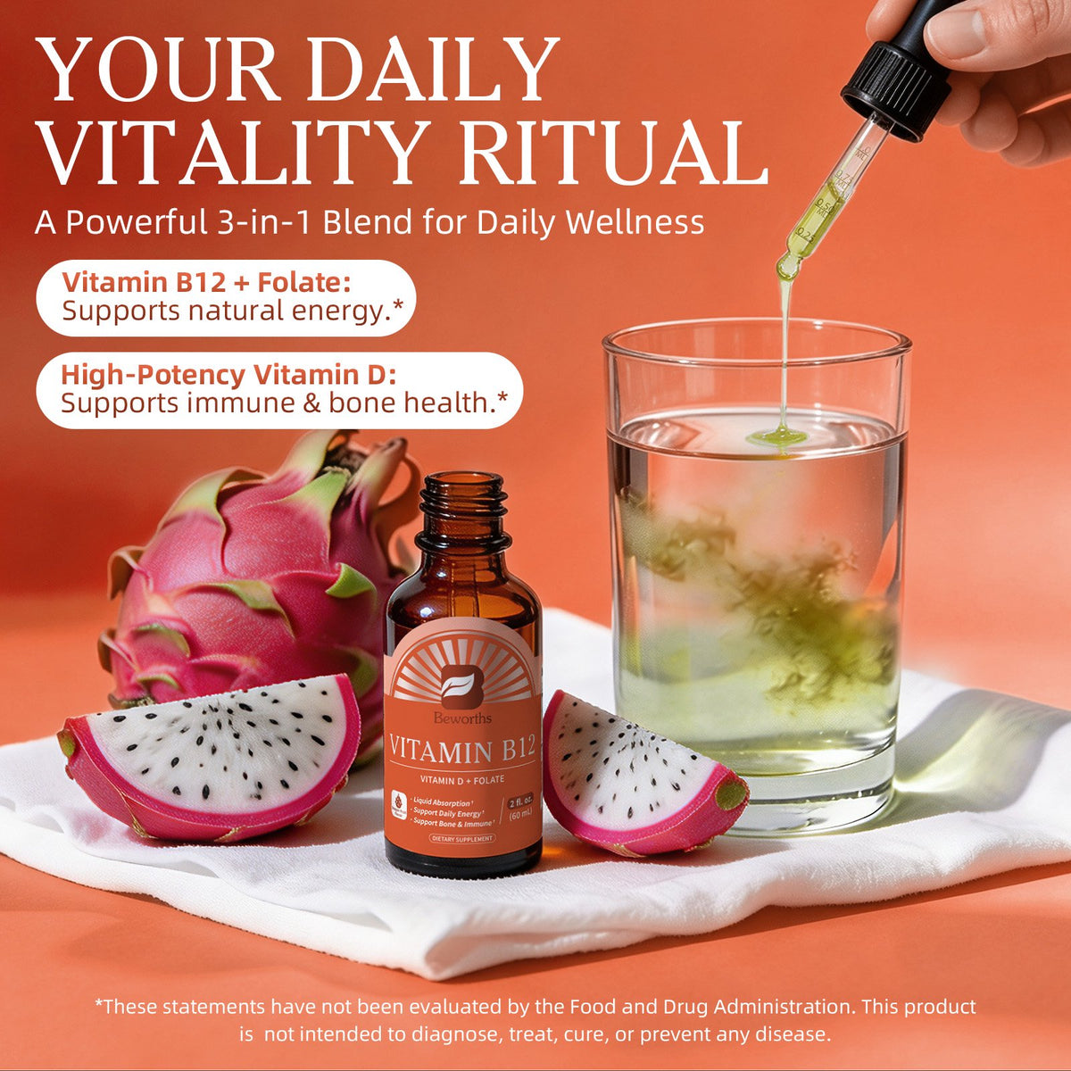 B BEWORTHS Extra Strength Vitamin B12 Sublingual Liquid Drops, with Vitamin D & Folate, for Energy & Immune Support, 2 fl oz