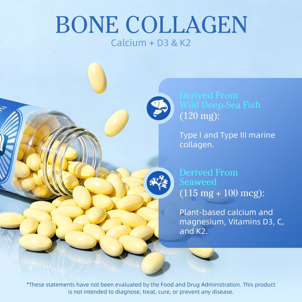 B Beworths Bone Collagen with K2 MK-7, Calcium & Vitamin D3 Softgels, Fish Collagen Peptides for Bone Health Support, Gluten Free, 120 Count