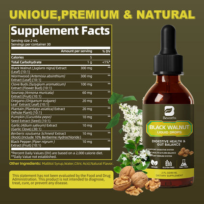 Black Walnut Liquid Drops, 10-In-1 with Wormwood, Pumpkin Seed, Garlic, Oregano, Berberine, Soursop, for Immune, Gut & Digestive Health Support, 2 fl oz