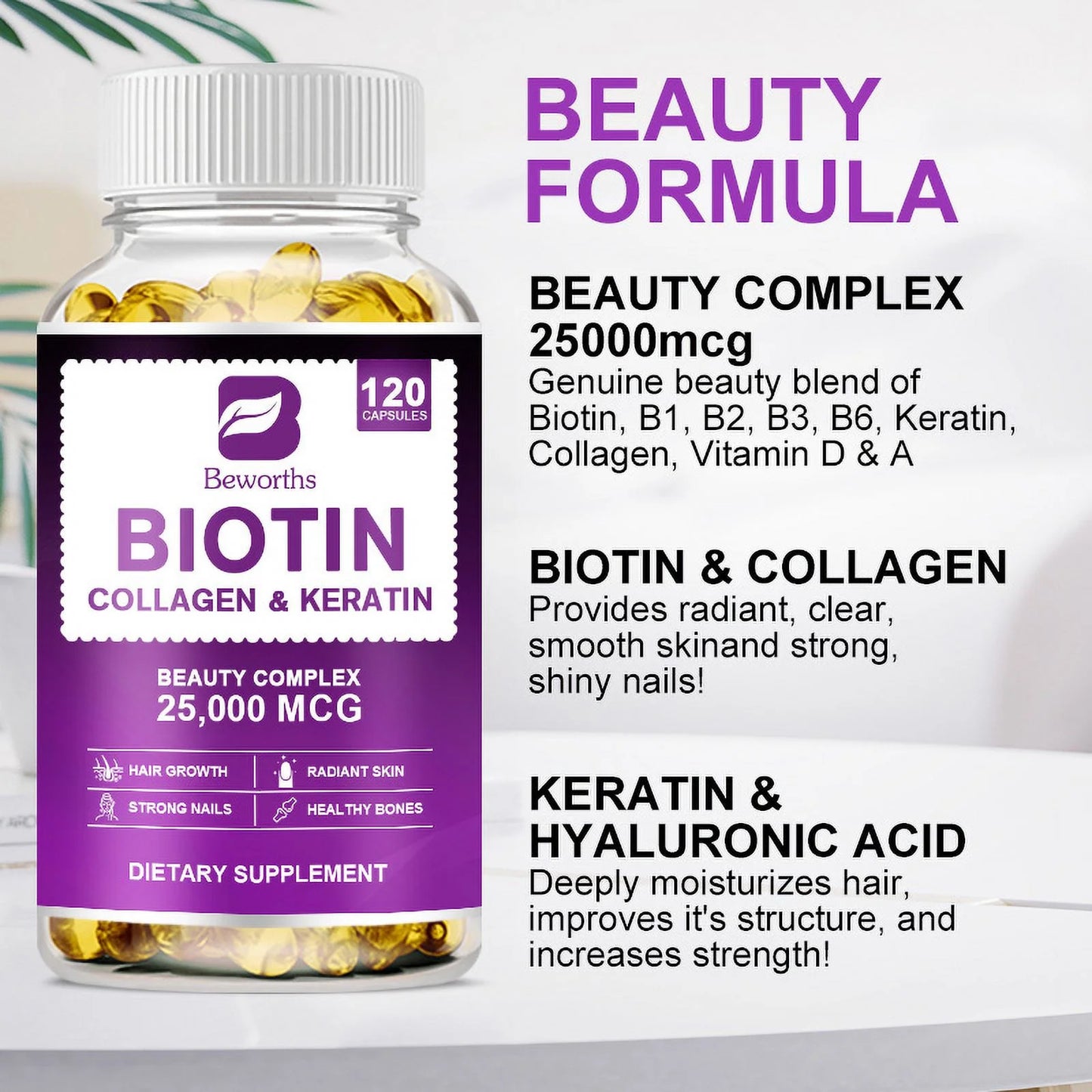 Biotin 25000 Mcg, Helps Promote Skin, Hair and Nail Health, Softgels 120 Count