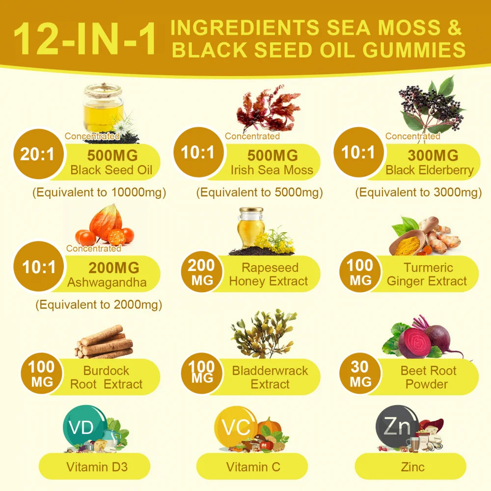 Black Seed Oil Sea Moss Gummies with Ashwagandha, Burdock Root, Elderberry, Turmeric, Vitamin C, D3 & Zinc - Supports Immunity, Joints, Digestion, Hair & Skin, Vegan Gummies 120 Counts, 2 Pack