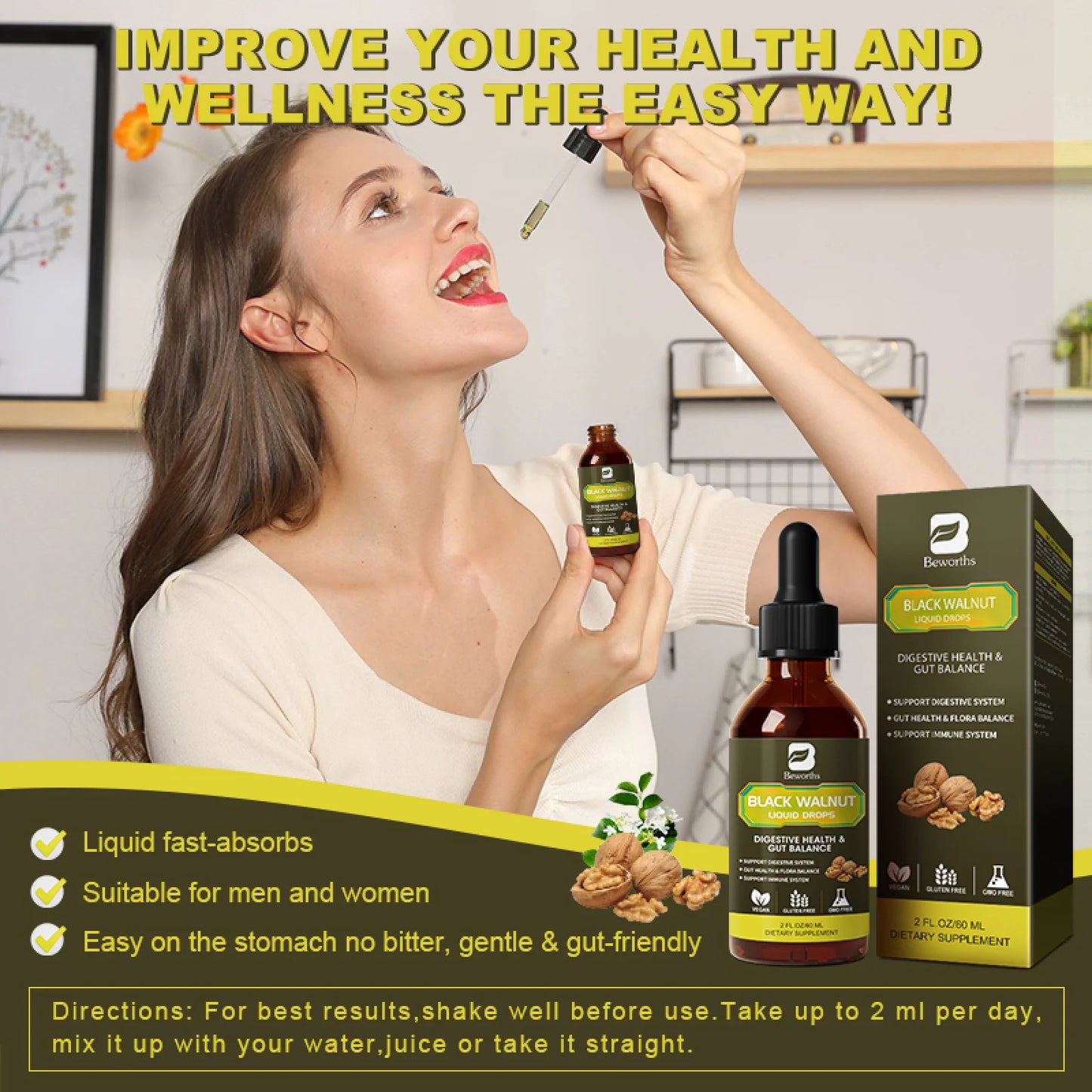 Black Walnut Liquid Drops, 10-In-1 with Wormwood, Pumpkin Seed, Garlic, Oregano, Berberine, Soursop, for Immune, Gut & Digestive Health Support, 2 fl oz