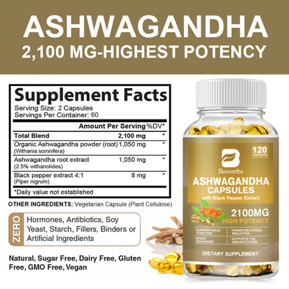 Ashwagandha Capsules 2100mg - Organic Ashwagandha Supplement - Stress Relief, Mood Enhancer & Natural Energy Support Supplement for Men and Women - 360 Softgels(3 PACK)