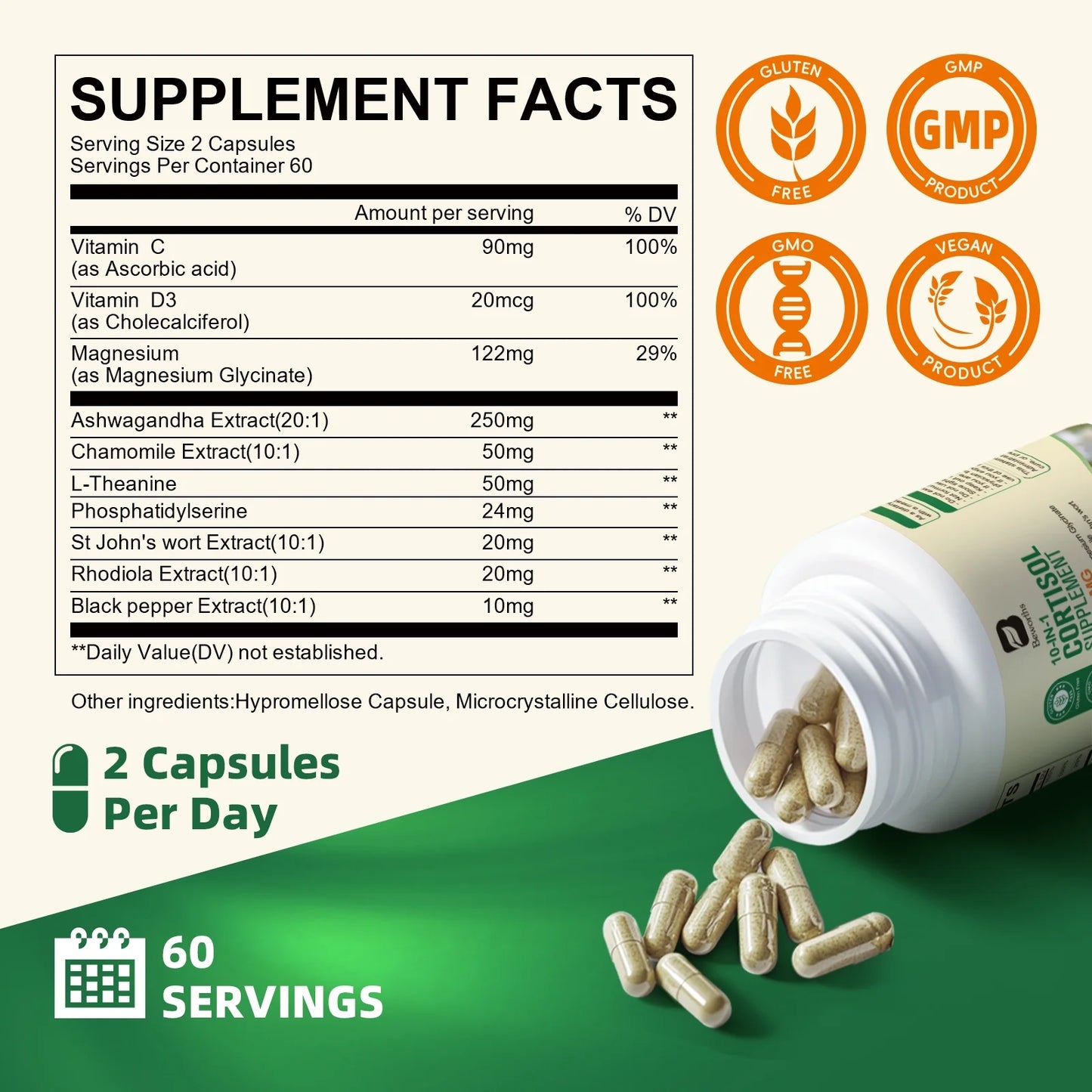 10-In-1 Cortisol Supplements, with Magnesium, Ashwagandha, L-Theanine, Vitamin C & D3, Reduce Lower Cortisol Cortisol Manager, Reduces Stress Support Sleep, 120 Capsules