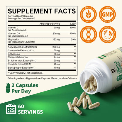 10-In-1 Cortisol Supplements, with Magnesium, Ashwagandha, L-Theanine, Vitamin C & D3, Reduce Lower Cortisol Cortisol Manager, Reduces Stress Support Sleep, 120 Capsules