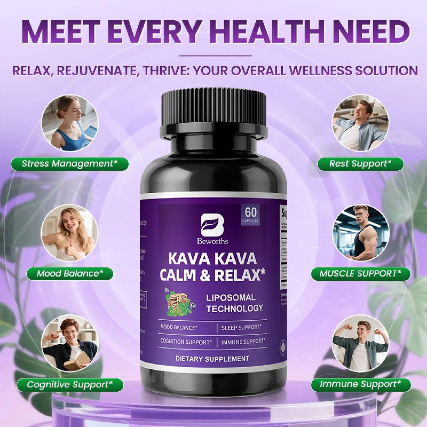 Kava Kava Root Extract Supplement, for Balanced Mood, Support Stress Relief & Better Sleep, 30 Servings