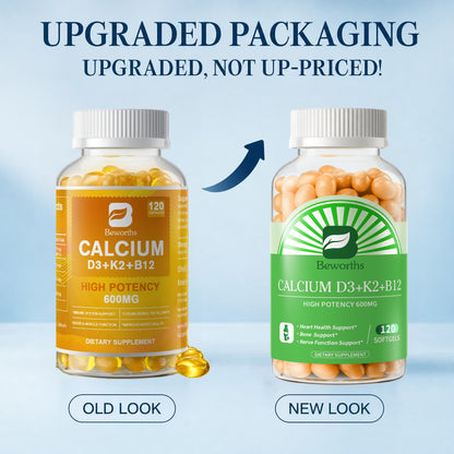 Beworths 4-in-1 Calcium 600Mg with Vitamin D3 K2 B12 Capsules for Bone Strength, Heart Health & Immune Support, 120 Capsules for Men and Women