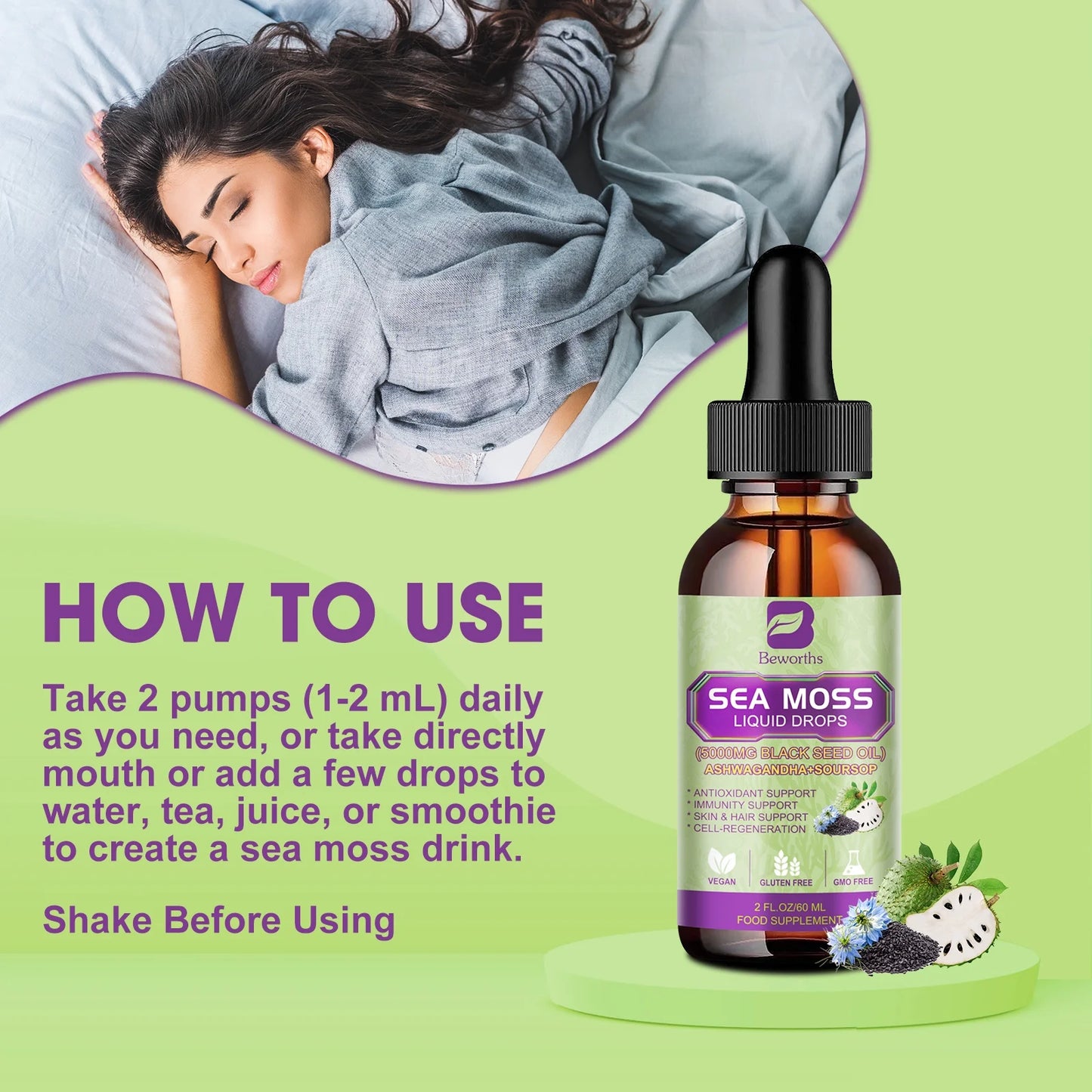 Sea Moss Liquid Drops - Irish Sea Moss Black Seed Oil with Ashwagandha, Soursop Bitters, Elderberry, Burdock Root, Bladderwrack,Support Antioxidant, Immune, Gut Health