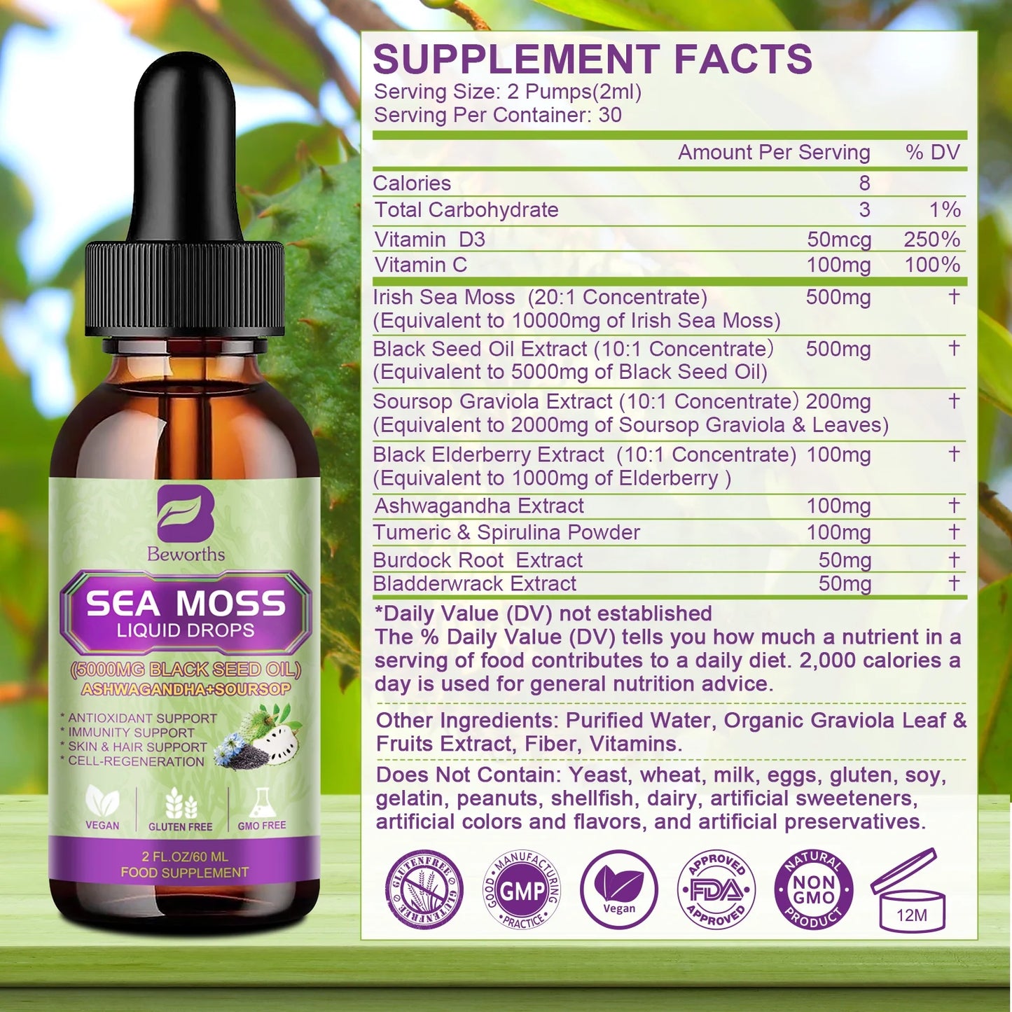 (2 Pack)Sea Moss Liquid Drops - Irish Sea Moss Black Seed Oil with Ashwagandha, Soursop Bitters, Elderberry, Burdock Root, Bladderwrack,Support Antioxidant, Immune, Gut Health