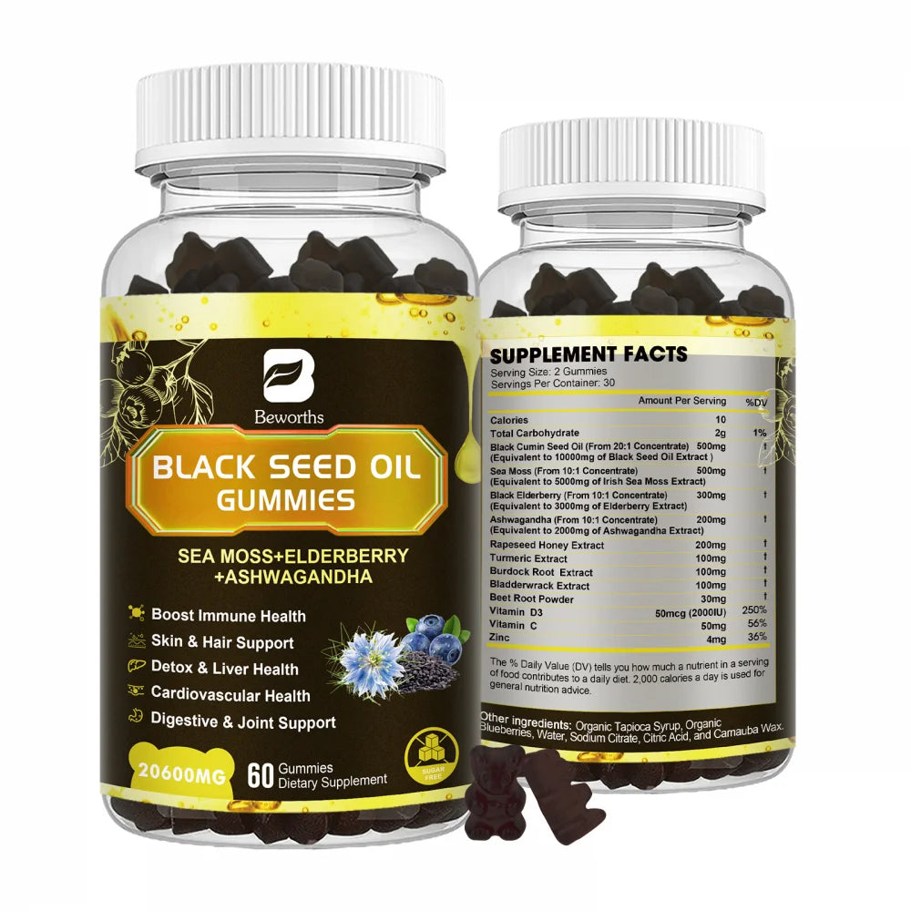 Black Seed Oil Sea Moss Gummies with Ashwagandha, Burdock Root, Elderberry, Turmeric, Vitamin C, D3 & Zinc - Supports Immunity, Joints, Digestion, Hair & Skin, Vegan Gummies 120 Counts, 2 Pack