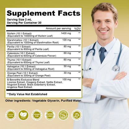 Mullein Drops for Lungs, Lung Detox & Cleanse, 420,000‬mg Mullein Leaf Extract Tincture, for Respiratory, Immune, 30 Servings