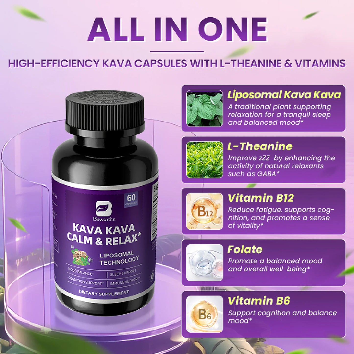 Kava Kava Root Extract Supplement, for Balanced Mood, Support Stress Relief & Better Sleep, 30 Servings