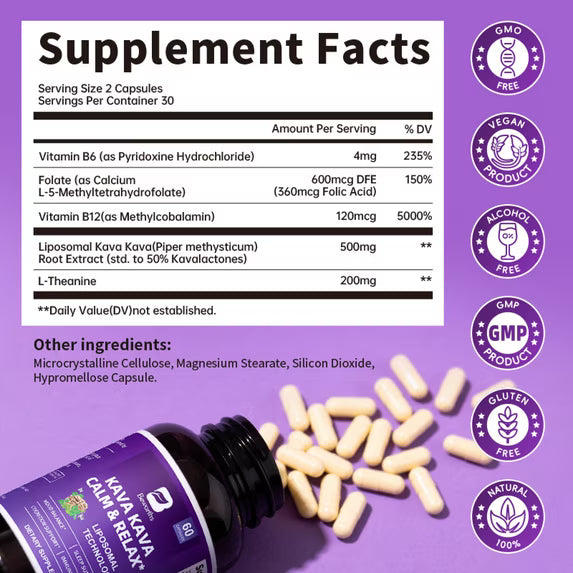 Kava Kava Root Extract Supplement, for Balanced Mood, Support Stress Relief & Better Sleep, 30 Servings