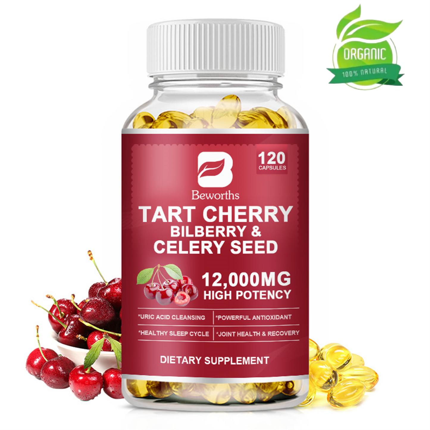 BEWORTHS Organic Tart Cherry Extract Capsules with Bilberry Fruit & Celery Seed, 1200mg High Potency for Joint Support & Muscle Recovery, 120 Capsules